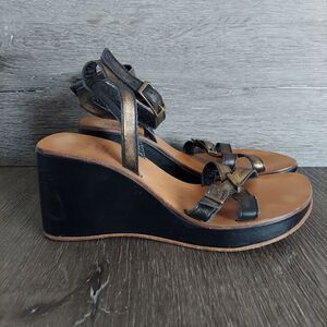 Vintage ZARA Black Gold Strappy Wedge Sandal 6.5